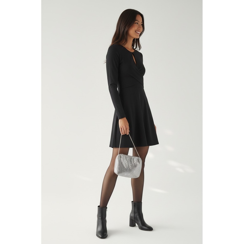 Free People FP Beach Vance Black Wrap Mini Dress Womens M Keyhole Neck Stretch‎